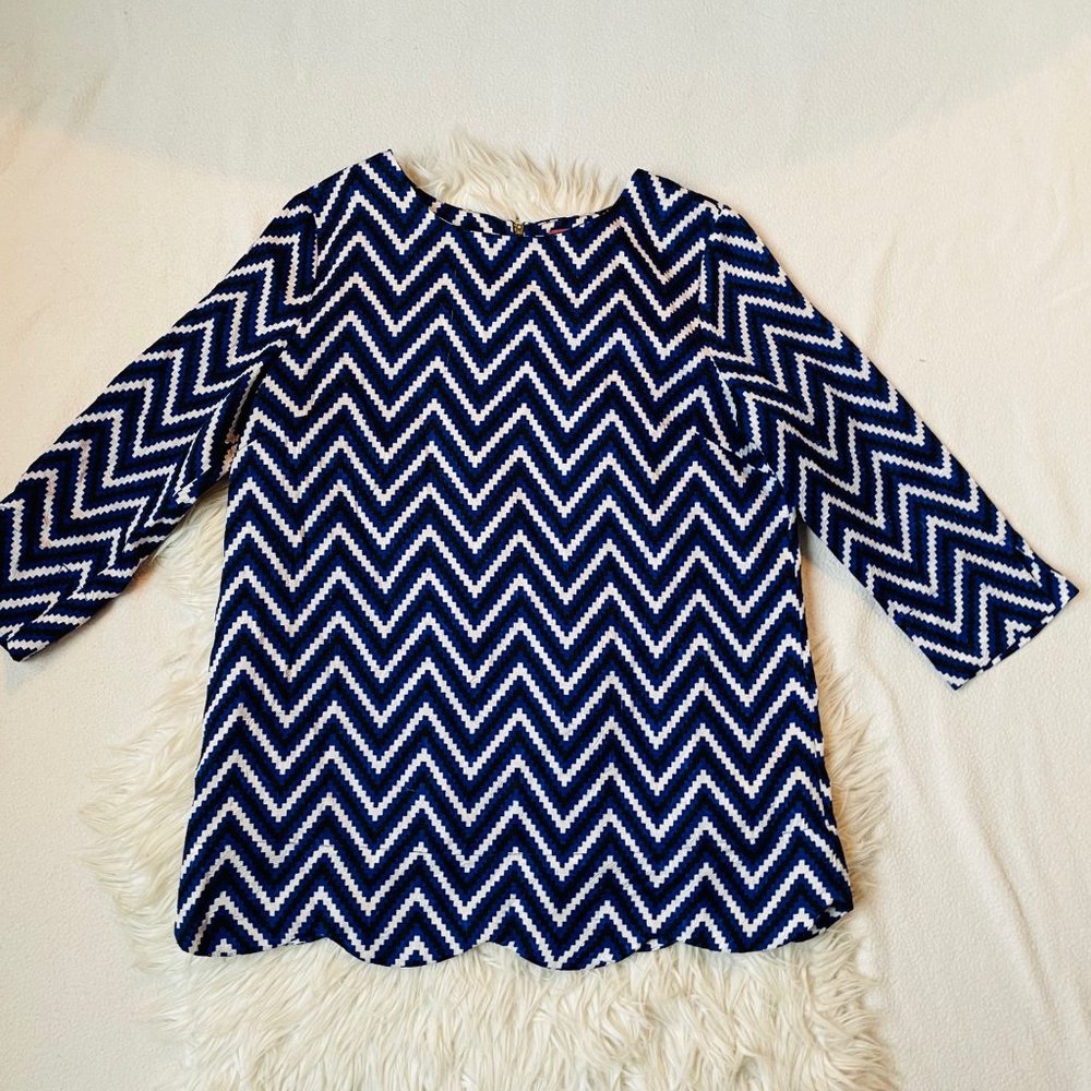 I. Madeline Womens Blue/White 3/4 Sleeve Chevron Stripes Scallop Hem Tops Medium